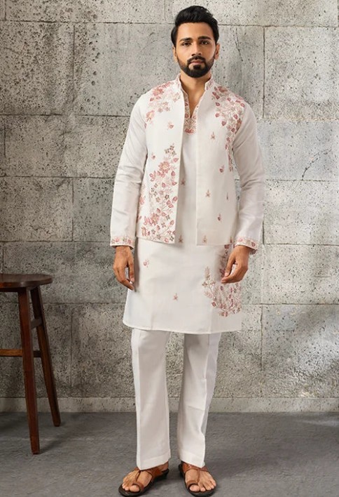 Premium Designer White Mirror Work Koti Kurta Set for Men's Wear